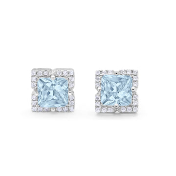 Halo Princess Cut Engagement Bridal Stud Earrings Simulated Aquamarine CZ 925 Sterling Silver